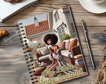 May include: A spiral bound journal with a colorful illustration of a woman praying on a porch. The journal cover has the text "My Bible Study Journal" and the text "SAVAGE Creative Prints".