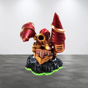 May include: A red and gold robot toy with drill-like arms and a large cannon. The robot is standing on a black and green base.