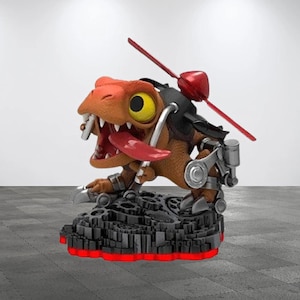 May include: A small, orange and brown dinosaur toy with a red propeller on its back. The dinosaur is wearing a black helmet and has a large, open mouth with a red tongue sticking out. The toy is standing on a black and gray base with red lights.