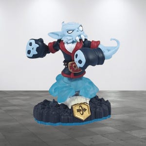 May include: A blue and black action figure of a fantasy creature with a stern expression. The figure has large black gloves with white skull designs, a red and black outfit, and a blue cloud base. The figure is standing on a black base with a gold emblem.