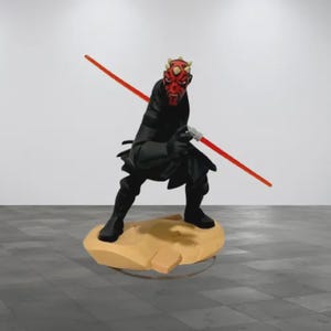 May include: A detailed figurine of Darth Maul from Star Wars. The figure is in a dynamic pose, wielding a red lightsaber. Darth Maul is depicted with a red and black face, wearing a black outfit, and standing on a tan base.