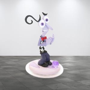 May include: A purple figurine of a character from the movie Inside Out. The character is wearing a black and white striped shirt, red bow tie, and blue pants. The figurine is standing on a purple base with a purple orb.