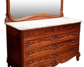 Elegant Antique French Louis XV Marble Top Dresser, Beveled Mirror, Walnut 9692