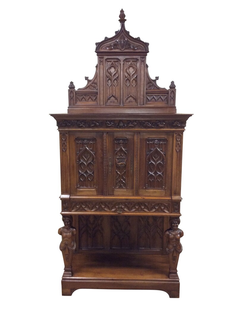 Unique French Gothic Cabinet Large Carved Statues Walnut Etsy