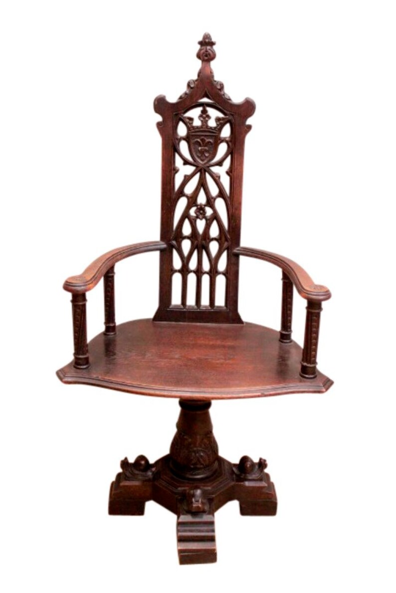 Unique Antique French Gothic Office Chair Swivel Oak 19th Century Sku 10022
