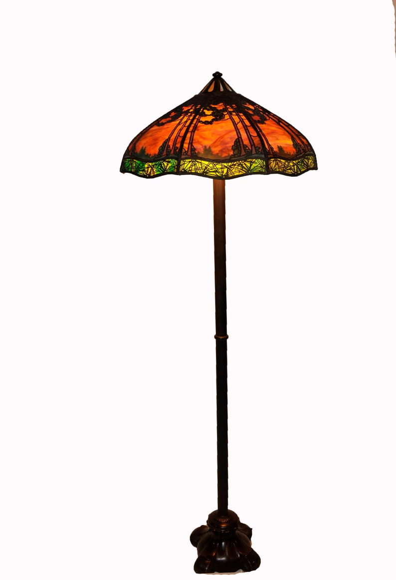 Handel 24 Inch Overlay Table Lamp Painted Forest Pine Tree Design Beautiful Sunset Glass Mounted On Impressive Floor Base Sku 8295