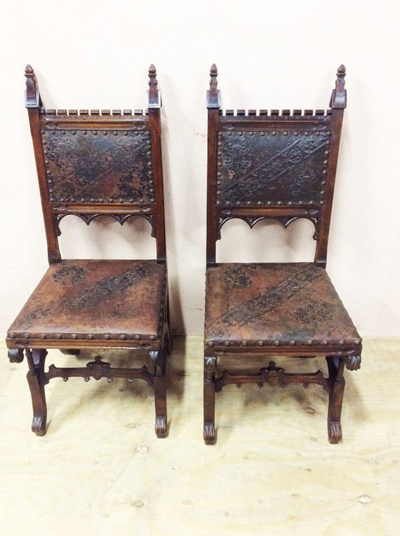 Antique French Gothic Chairs Pressed Leather 19th Century Etsy