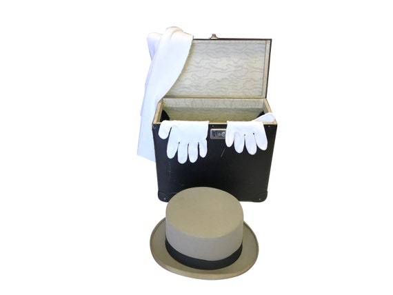Antique Top Hat, Gloves, Scarf & Box, Hat Marked A