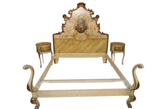 Beautiful Antique French Hand Painted Italian Baroque Bedroom Set Wonderful Floral Art 7041