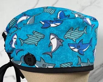 Shark Print Scrub Cap: Unisex Medical Hat with Buttons