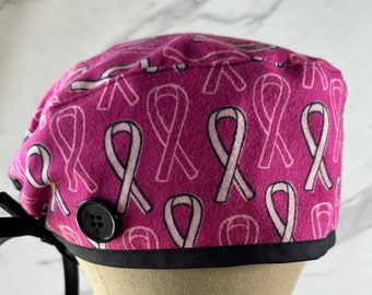 Breast Cancer Awareness Scrub Cap: Flannel Surgical Hat with Buttons