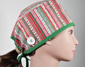 Christmas Candy Print Scrub Cap: Surgical Hat with Buttons