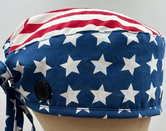 Patriotic Scrub Cap, Patriotic Surgical Cap, Stars Scrub Hat, Scrub Caps for Men, Scrub Caps for Women, Scrub Caps with Buttons, 4th of July