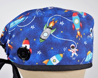 Rocket Scrub Cap, Space Surgical Cap, Scrub Hat, Rocket Man Scrub Cap, Scrub Caps for Men, Scrub Caps for Women, Scrub Caps with Buttons