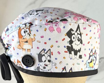 Bluey and Friends Scrub Cap, Bluey Surgical Cap, Scrub Hat,  Scrub Cap with Buttons, Scrub Caps for Men, Scrub Caps for Women, Cartoon Cap