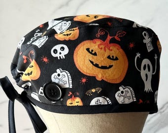 Halloween Pumpkin Scrub Cap with Buttons: Surgical Nurse Hat