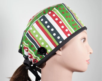 Christmas Scrub Cap with Buttons: Holiday Surgical Hat