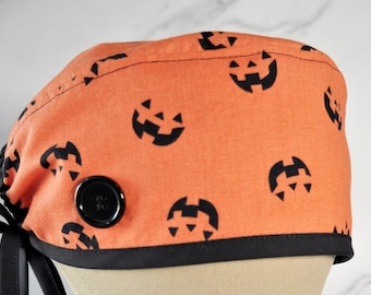 Jack O Lantern Halloween Scrub Cap: Surgical Hat with Buttons