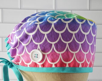 Mermaid Scale Scrub Cap: Rainbow Surgical Hat with Buttons