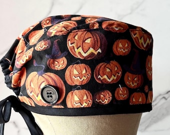 Jack O' Lantern Scrub Cap with Buttons: Halloween Surgical Hat