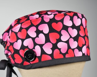 Hearts Scrub Cap: Women's Surgical Hat with Buttons