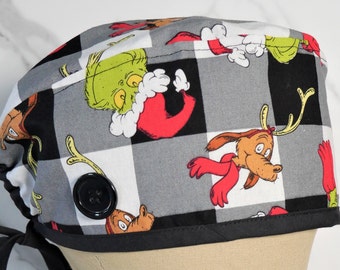 Grinch Christmas Scrub Cap: Surgical Hat with Buttons