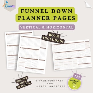 Może przedstawiać: Cyfrowy planer z tekstem "FUNNEL DOWN PLANNER PAGES" w kolorze zielonym i czarnym. Obraz zawiera pionowe i poziome strony planera z tekstem "BOTH INCLUDED!" i "YOU GET BOTH VERSIONS!". Obraz zawiera również tekst "2-PAGE PORTRAIT AND 1-PAGE LANDSCAPE" i "INSTANT PDF".