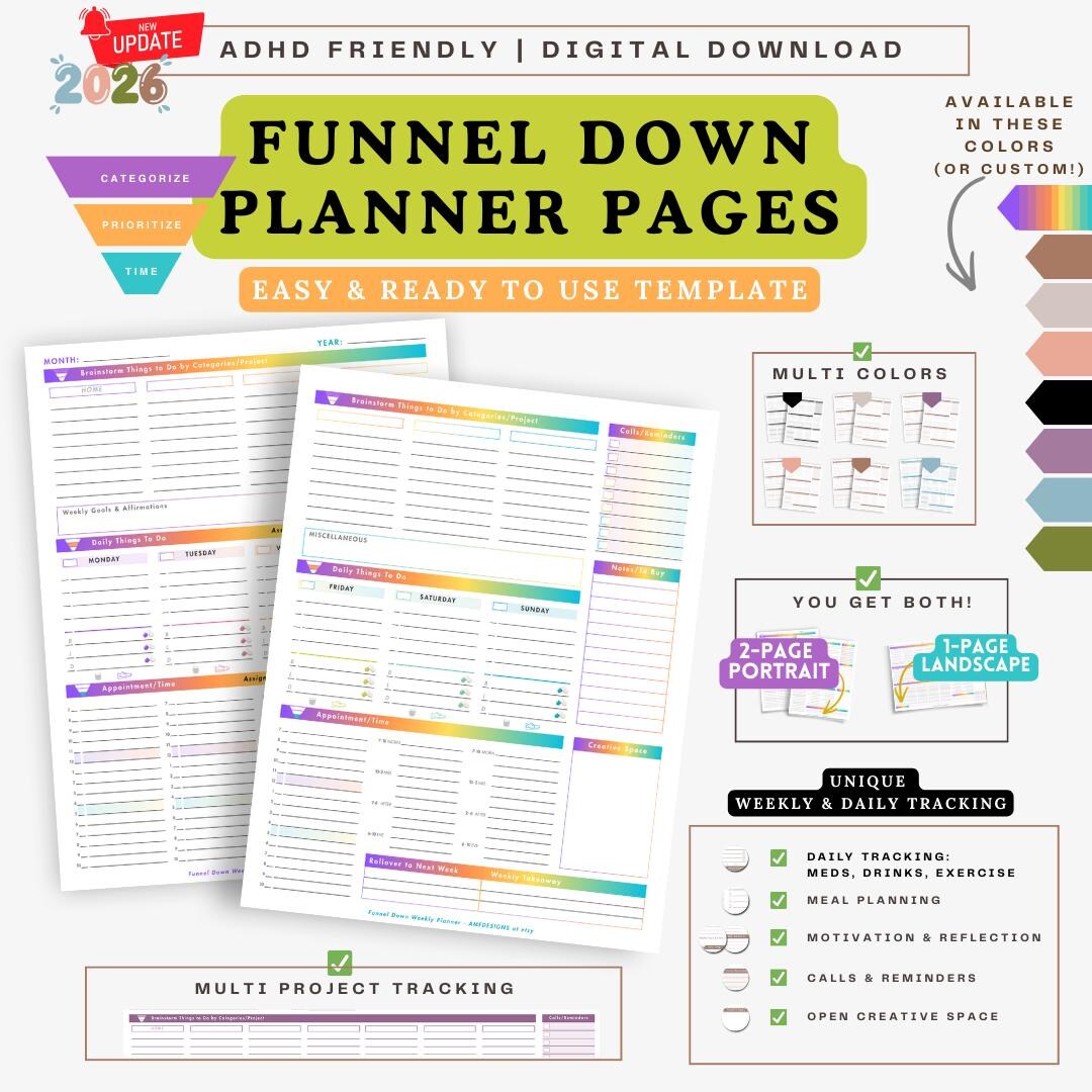 123 Funnel Down Planner | Rainbow | Multi-projects | Daily Weekly ...