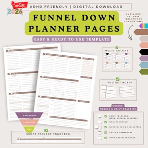 123 Funnel Down Planner / Marrone / Multi-progetti / Giornaliero Settimanale / SENZA DATA / PDF stampabile / Planner ADHD