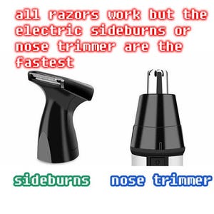 Puede incluir: Dos rasuradoras eléctricas, una para las patillas y otra para recortar la nariz. La rasuradora para las patillas es negra con una cuchilla plateada. El recortador de nariz es negro con un borde plateado. El texto "all razors work but the electric sideburns or nose trimmer are the fastest" se muestra encima de las rasuradoras.