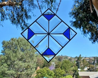 Geometric Art Deco Custom Glass Bevels|Cobalt Blue Panel Sun-catcher.