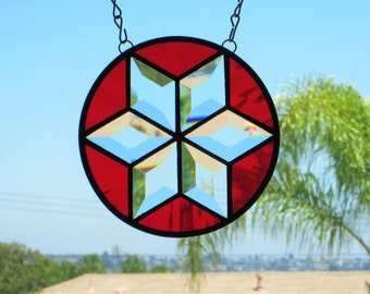 Geometric "Snowflake" Red Stained Glass|Beveled Glass Sun-catcher Panel.