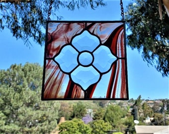 Art Nouveau Dark Red Swirl Flower Beveled Glass Cluster|Stained Glass Panel Suncatcher