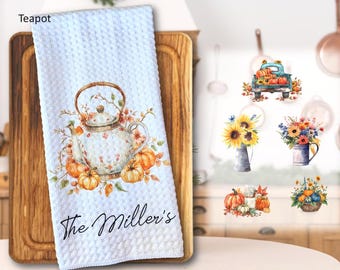 Personalized Fall/Thanksgiving Tea Towel: Custom Family Name, Autumn Kitchen Decor