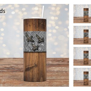 Wood, chamoflage, diamond plate Tumbler Cup with camo bear, elk, moose, birds Straw and Lid, Birthday Gift For Him