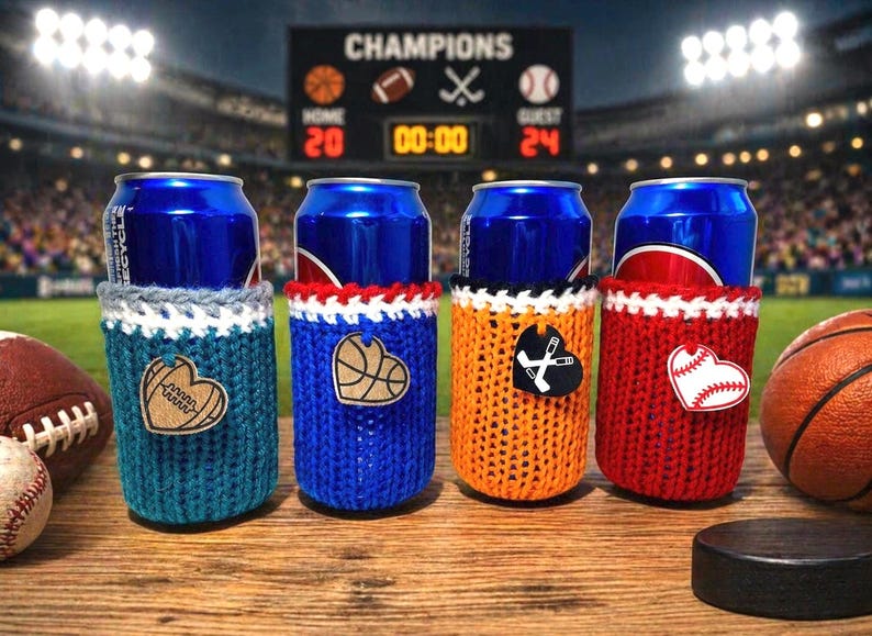 Op de afbeelding: Vier blauwe drankblikjes in gebreide houders met sportthema hartvormige labels. De houders zijn teal, blauw, oranje en rood, met labels met een voetbal, basketbal, hockey en honkbal.