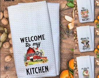 Rustic Farmhouse Kitchen Tea Towel: Pig, Rooster, Cow, Barn