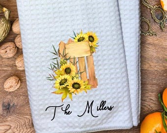Personalized Sunflower Tea Towel, Fall Farmhouse Thanksgiving family name Hostess Gift