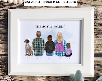 Custom DIGITAL Family Portrait with Names and Pets, Personalized Family Picture Illustration with Dogs and Cats, Friends Wall Art with Quote