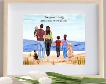 Custom DIGITAL Family Portrait with Names and Pets, Personalized Family Picture Illustration with Dogs and Cats, Friends Wall Art with Quote