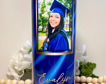 20 oz. Personalized Graduation Tumbler available with a Blue, Green or Burgundy background with Three Photos
