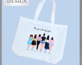 Custom Family Portrait Tote Bag: Mom, Girls, Pets Gift