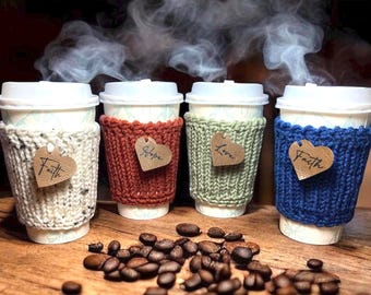 Personalized crochet cup cozy for a 16oz tapered coffee/tea cup tumbler with faith, hope, love, or a name written.