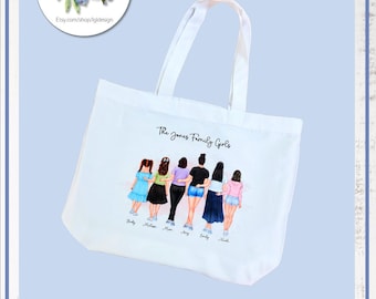 Custom Family Portrait Tote Bag: Personalized Illustration with Names & Pets