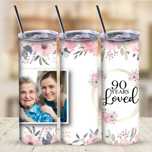 Personalized Photo Tumbler: Pink Watercolor Floral 90th Birthday Gift