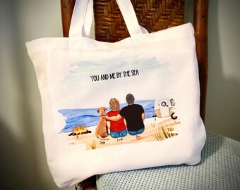 Custom Family Portrait Tote Bag: Personalized Illustration with Names & Pets