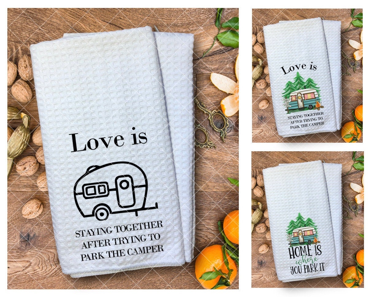 Lebsitey Camping Kitchen Towels Set of 4, Happy Camper Dish Towels Kitchen Hand Towels Kit Printed with Funny Sayings for Campers, Camping Tent Pine Tree