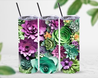 Succulent Tumbler with Straw, Personalized Floral 3D Realistic Looking Design