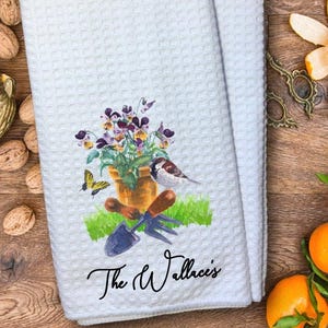 Personalized spring kitchen tea towel, Purple flower tea towel, personalized kitchen towel, Customized spring decor