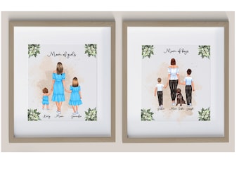 Custom DIGITAL Family Portrait Mom of Boys, Mom of Girls with Names, Family drawing gift Personalized Family Illustration with Dogs and Cats
